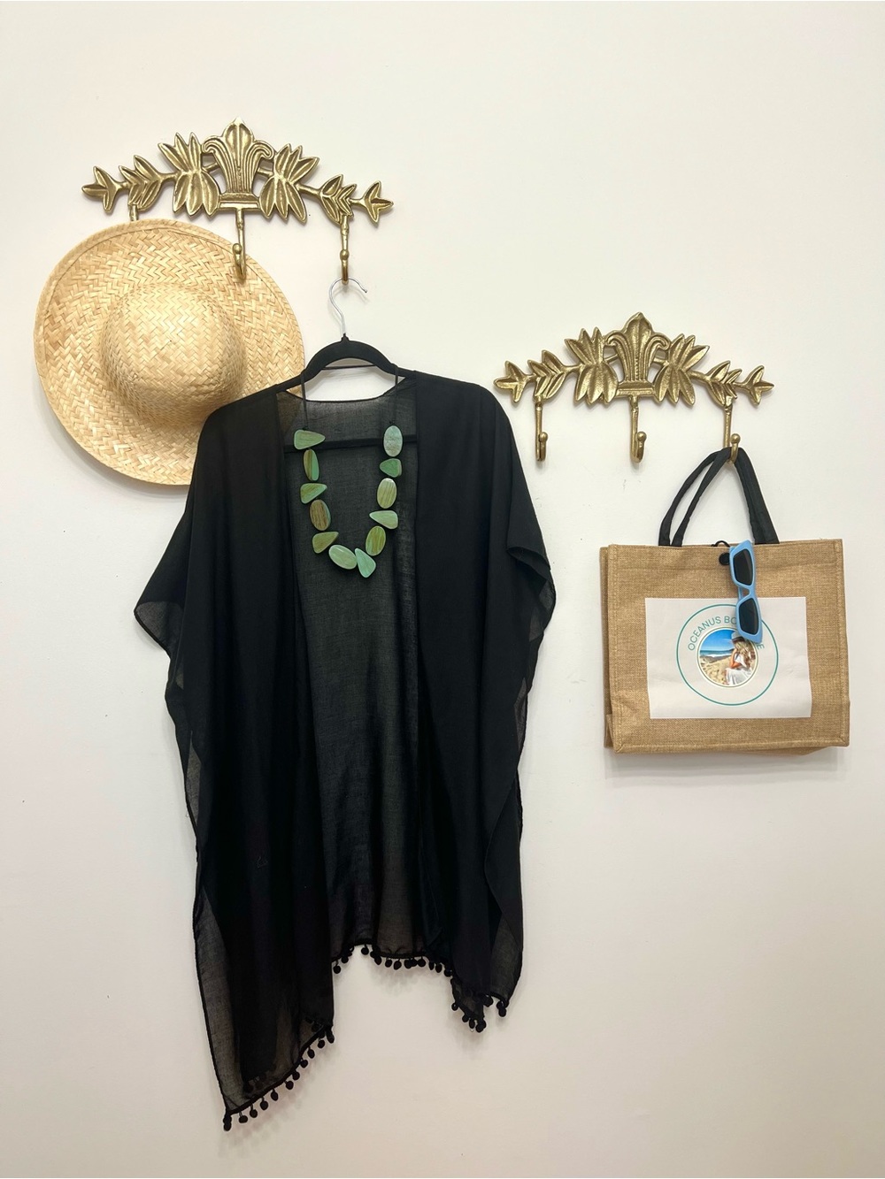 Black Pom-Pom Sheer Kimono or cover up